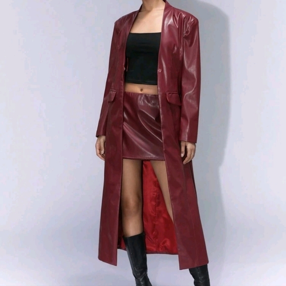 Punk Party Outfit: PU Leather Long Blazer Jacket Paired With Mini Skirt 2pcs Set - Picture 3 of 4